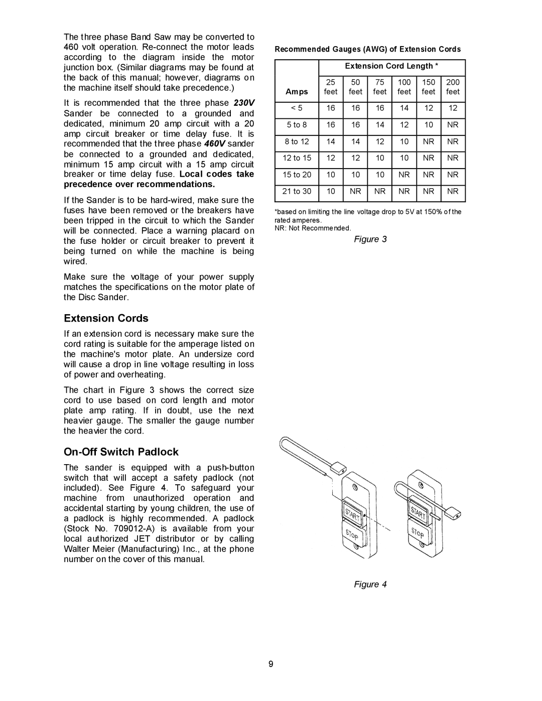 Powermatic DS20 operating instructions Extension Cords, On-Off Switch Padlock 