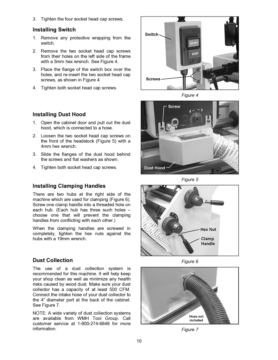 Powermatic DT45 Installing Switch, Installing Dust Hood, Installing Clamping Handles, Dust Collection 