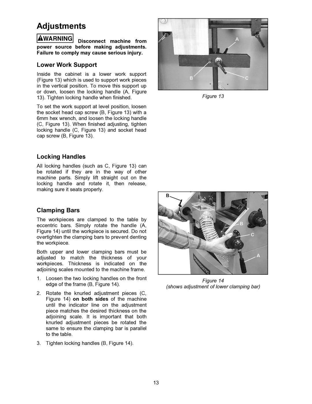 Powermatic DT45 operating instructions Adjustments, Lower Work Support, Locking Handles, Clamping Bars 