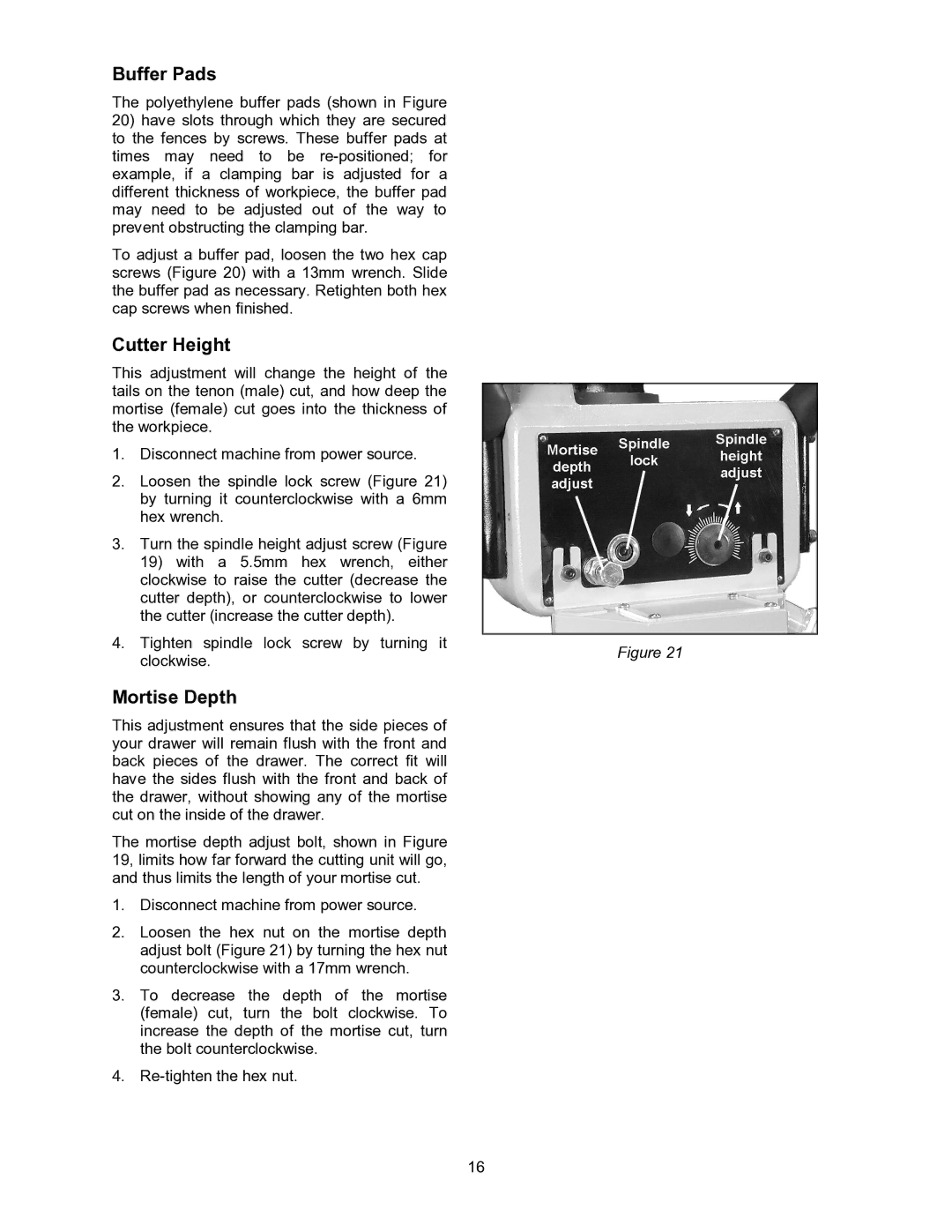 Powermatic DT45 operating instructions Buffer Pads, Cutter Height, Mortise Depth 