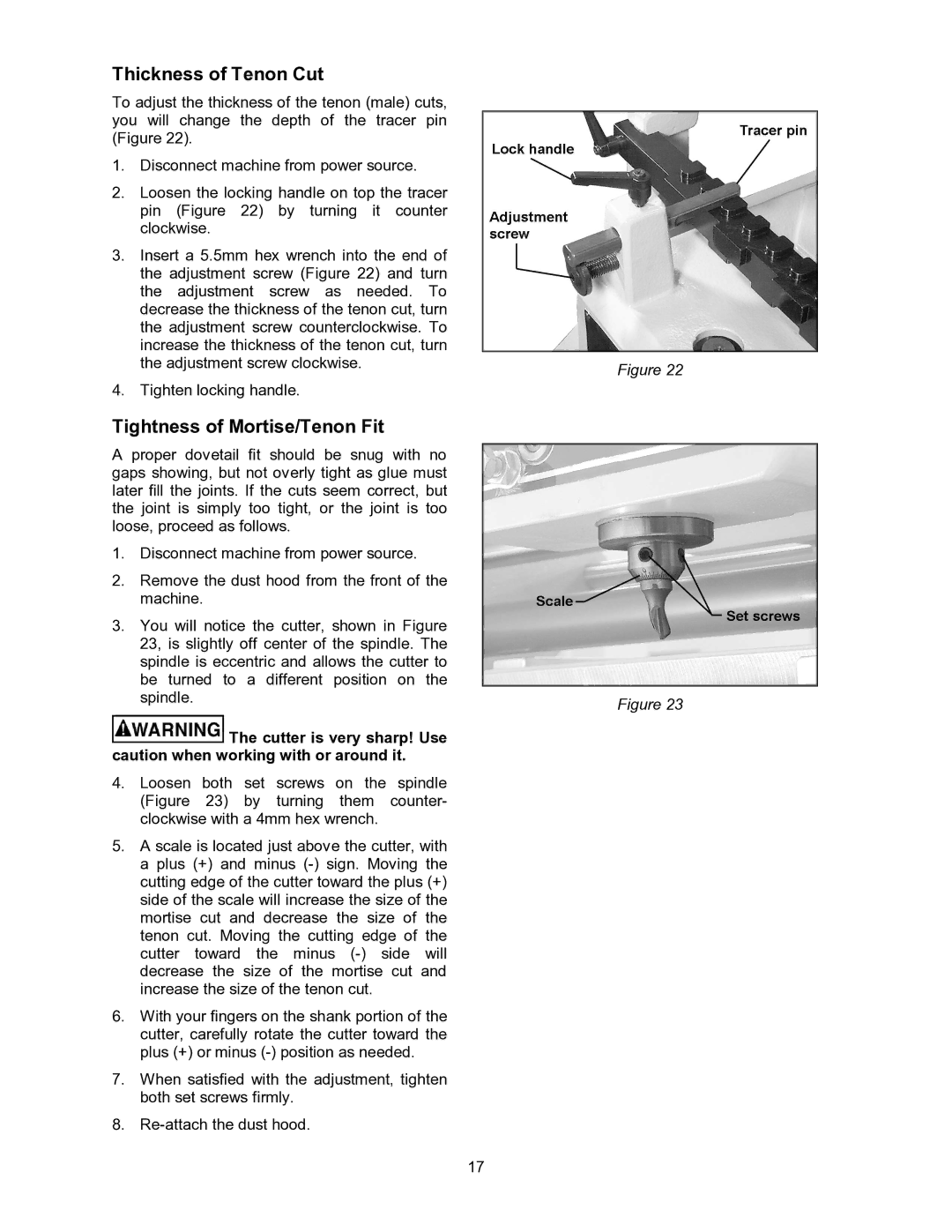 Powermatic DT45 operating instructions Thickness of Tenon Cut, Tightness of Mortise/Tenon Fit 