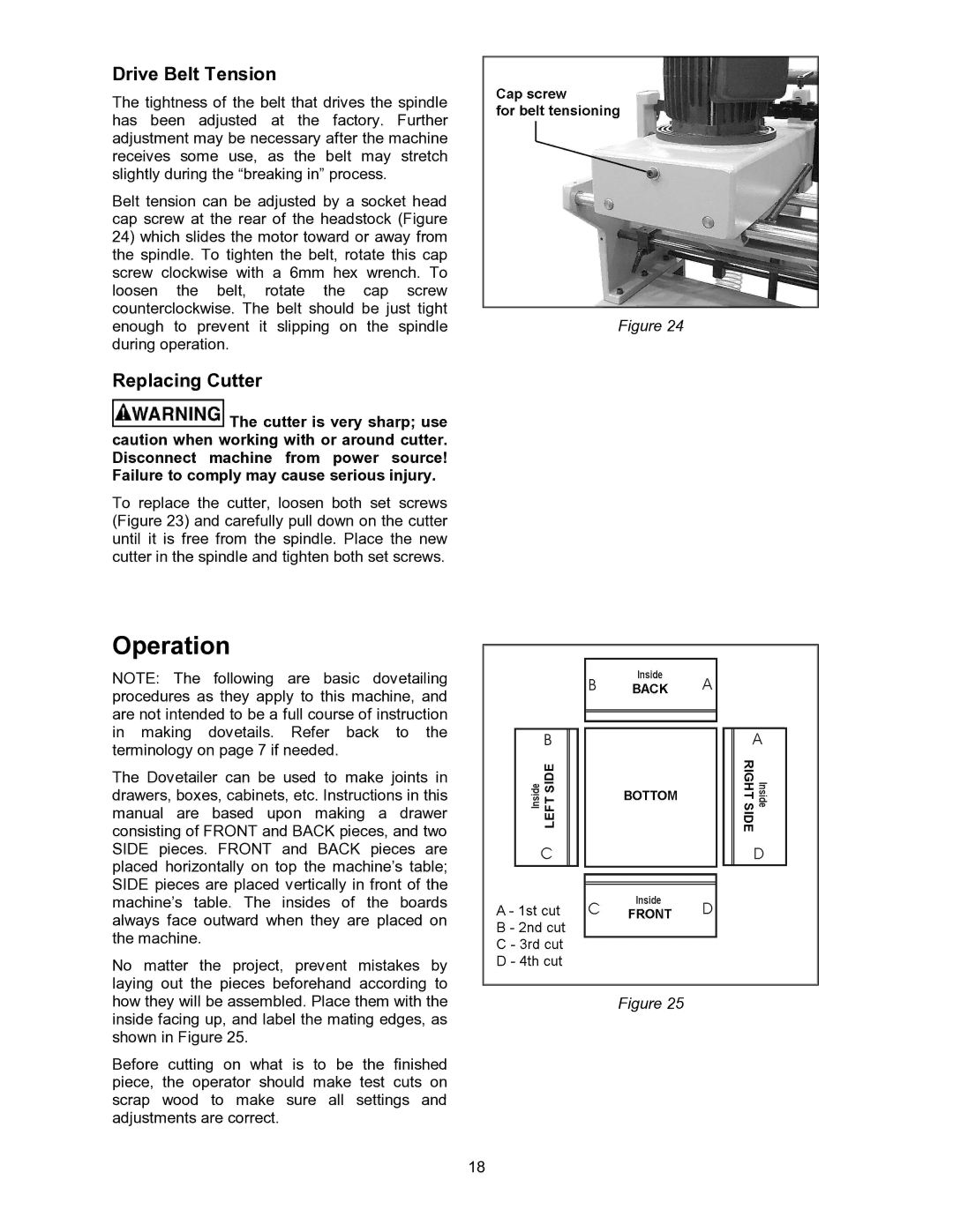 Powermatic DT45 operating instructions Operation, Drive Belt Tension, Replacing Cutter 