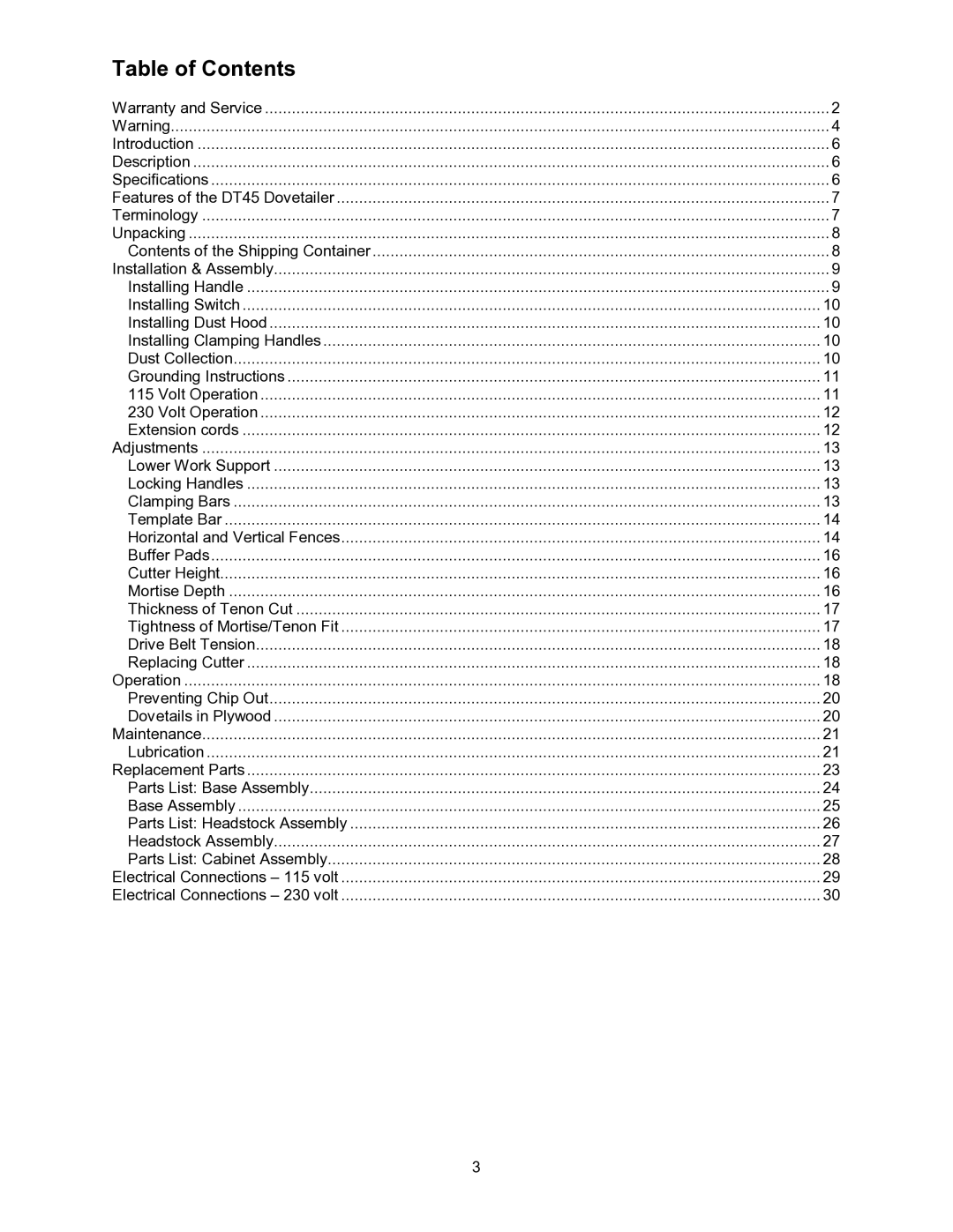 Powermatic DT45 operating instructions Table of Contents 