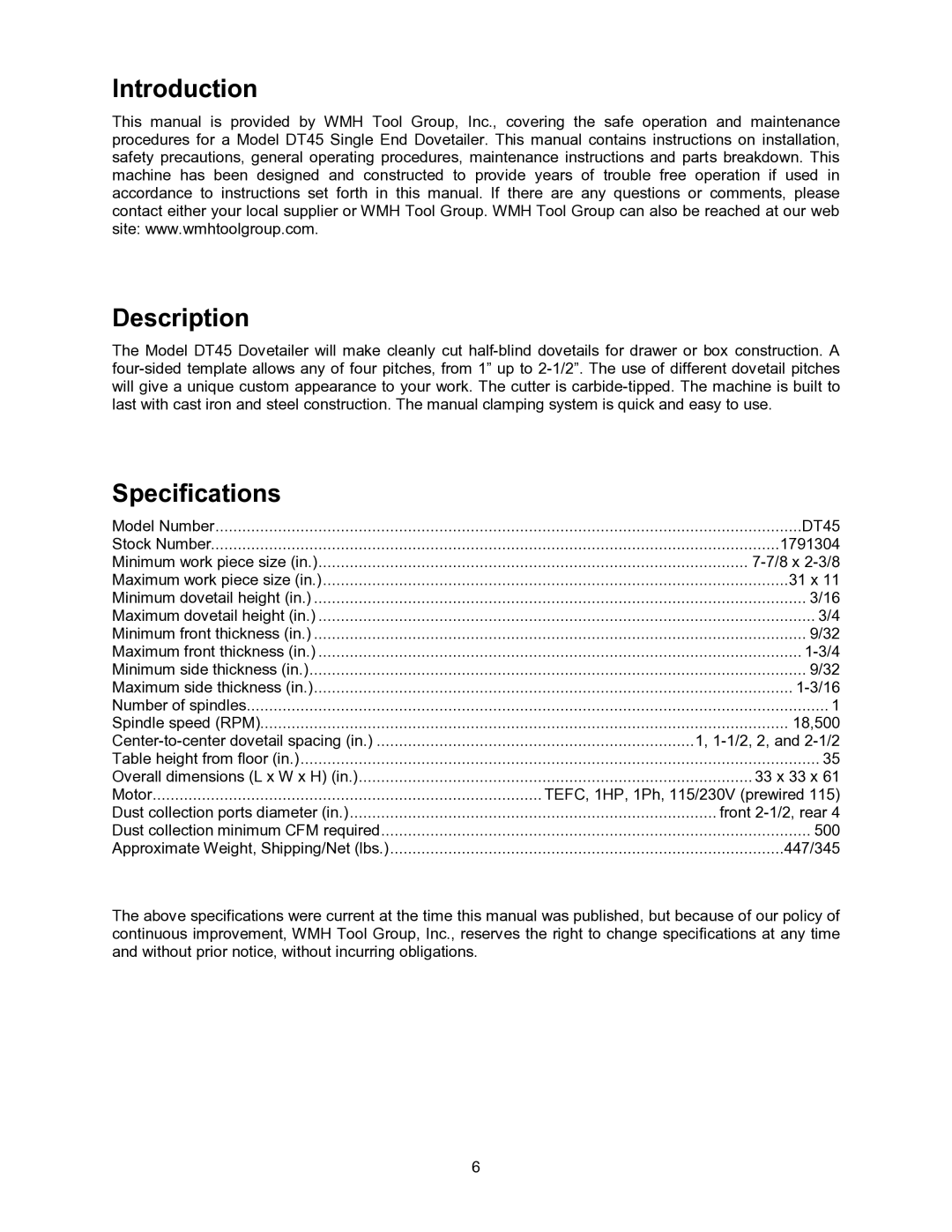 Powermatic DT45 operating instructions Introduction Description, Specifications 