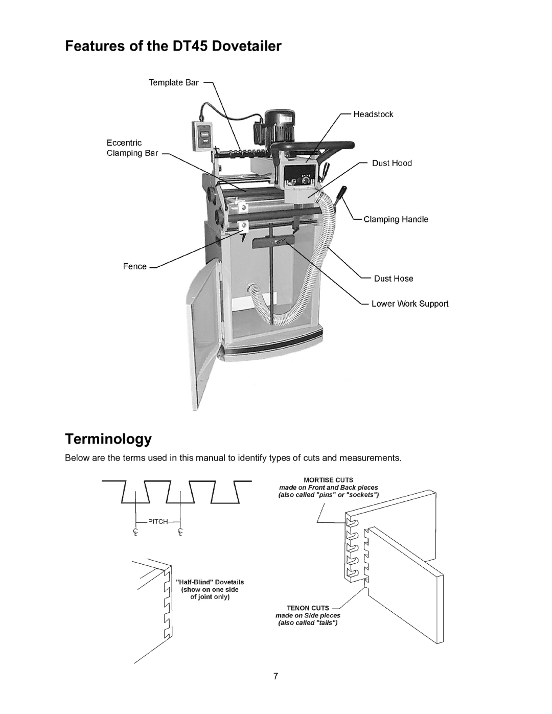 Powermatic operating instructions Features of the DT45 Dovetailer Terminology 