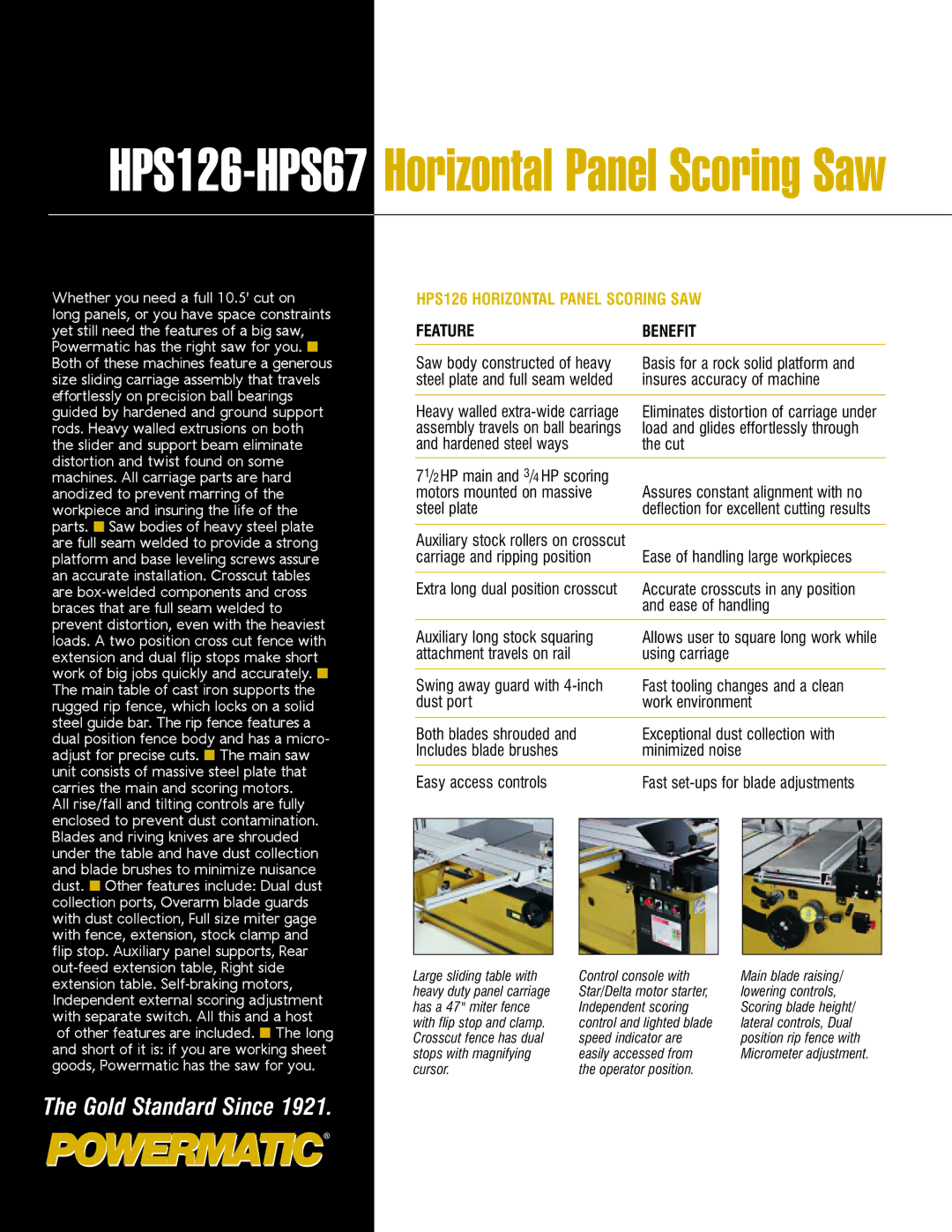 Powermatic HPS67 manual HPS126 Horizontal Panel Scoring SAW, Feature Benefit 