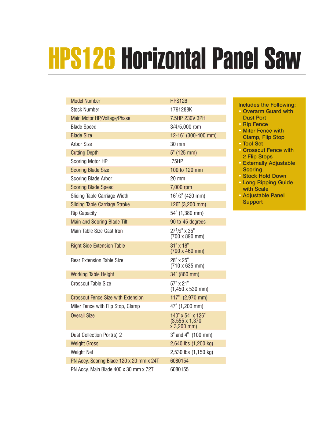 Powermatic HPS126 700 x 890 mm, Right Side Extension Table, 790 x 460 mm, Rear Extension Table Size, 710 x 635 mm, 6080154 