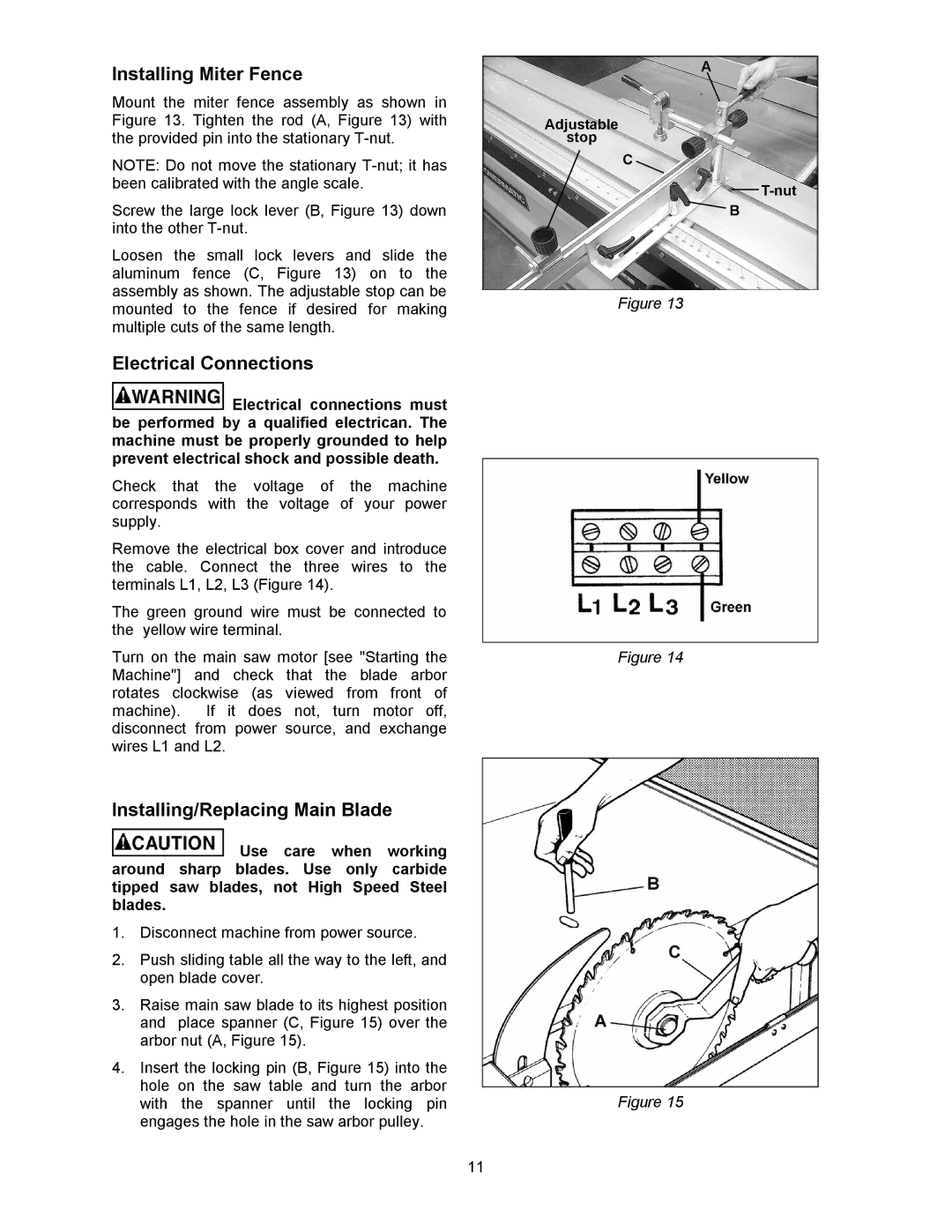 Powermatic HPS67 operating instructions Installing Miter Fence, Electrical Connections, Installing/Replacing Main Blade 