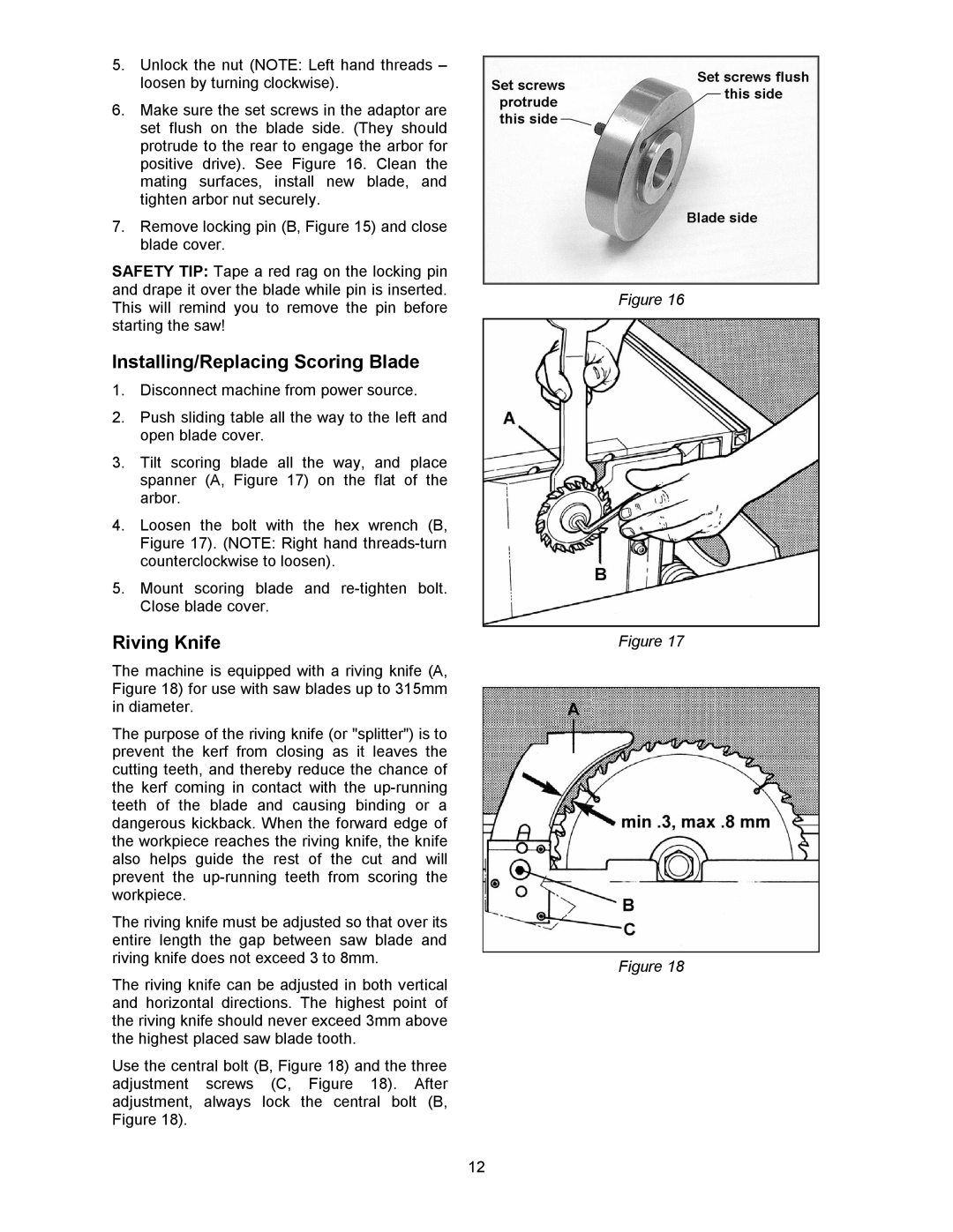 Powermatic HPS67 operating instructions Installing/Replacing Scoring Blade, Riving Knife 