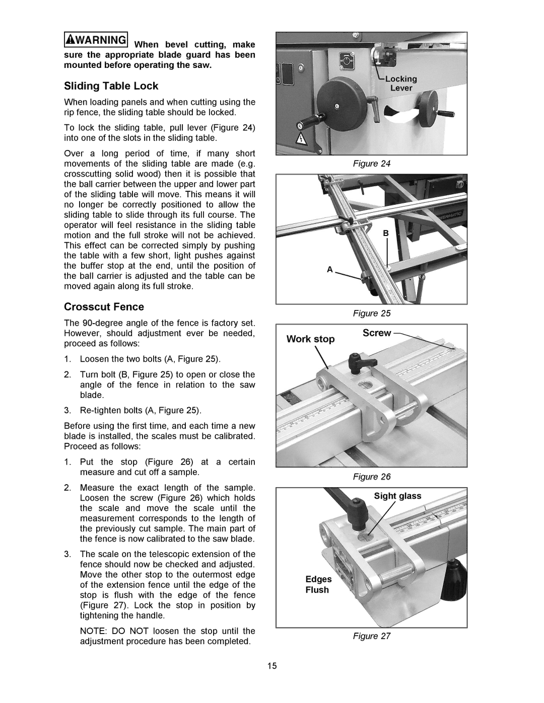 Powermatic HPS67 operating instructions Sliding Table Lock, Crosscut Fence 