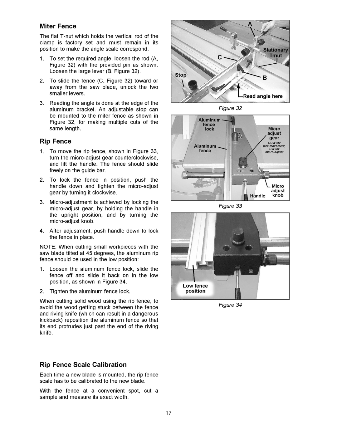 Powermatic HPS67 operating instructions Miter Fence, Rip Fence Scale Calibration 