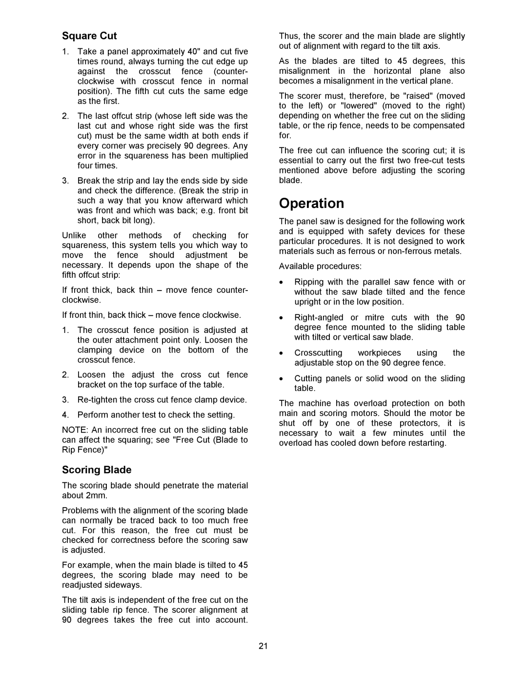 Powermatic HPS67 operating instructions Operation, Square Cut, Scoring Blade 