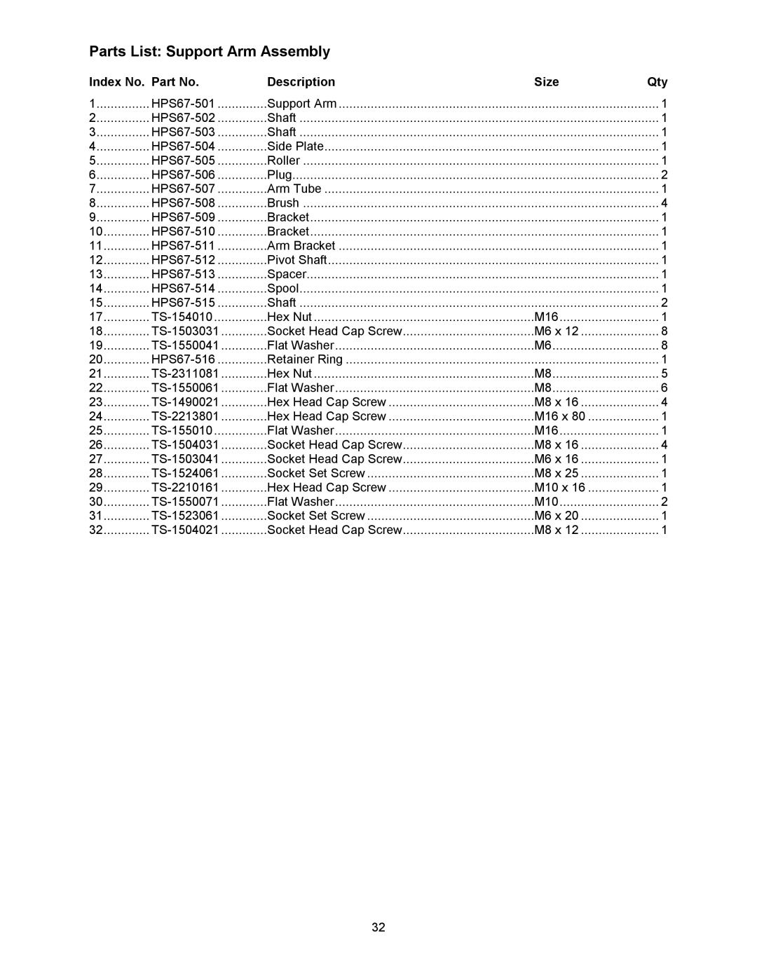 Powermatic HPS67 operating instructions Parts List Support Arm Assembly 