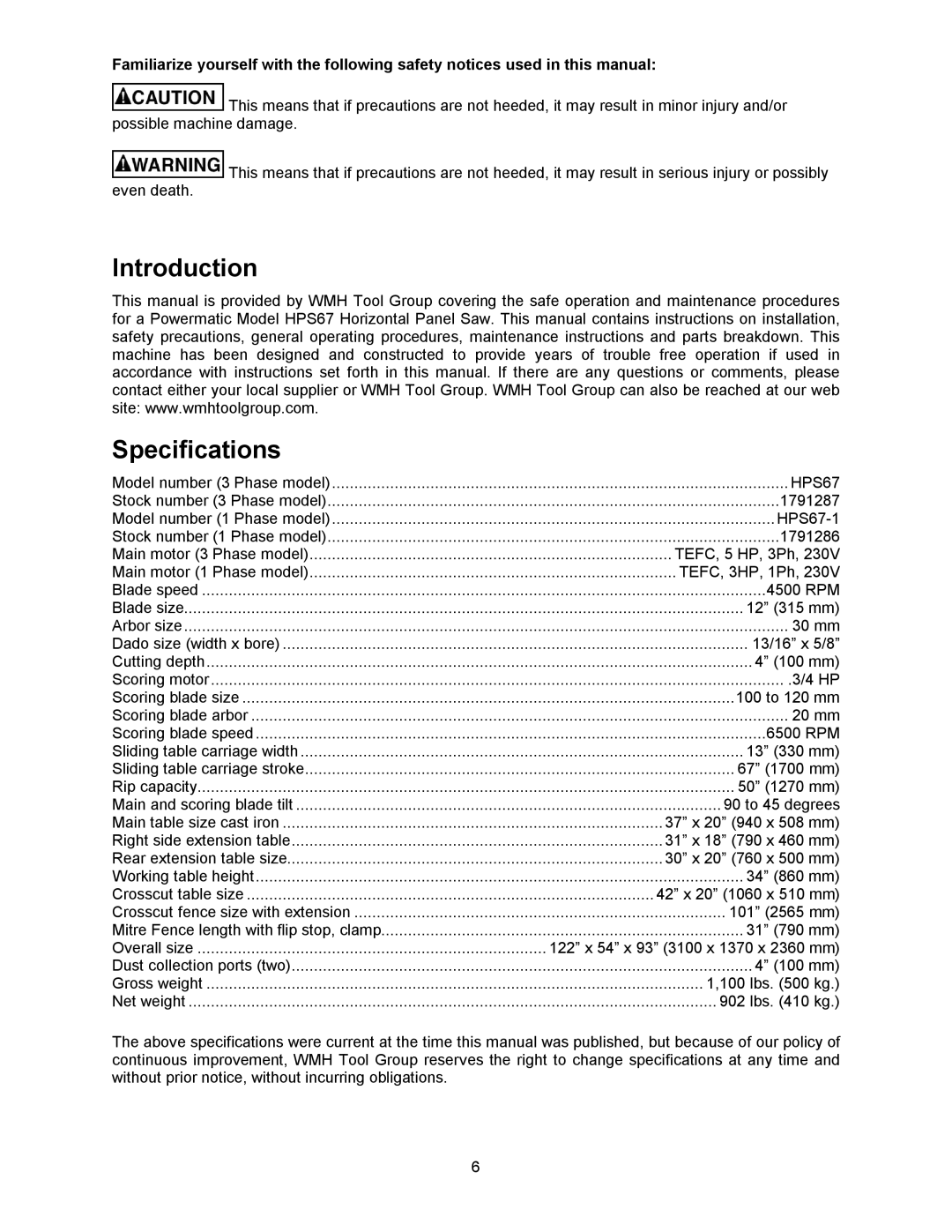 Powermatic HPS67 operating instructions Introduction Specifications 