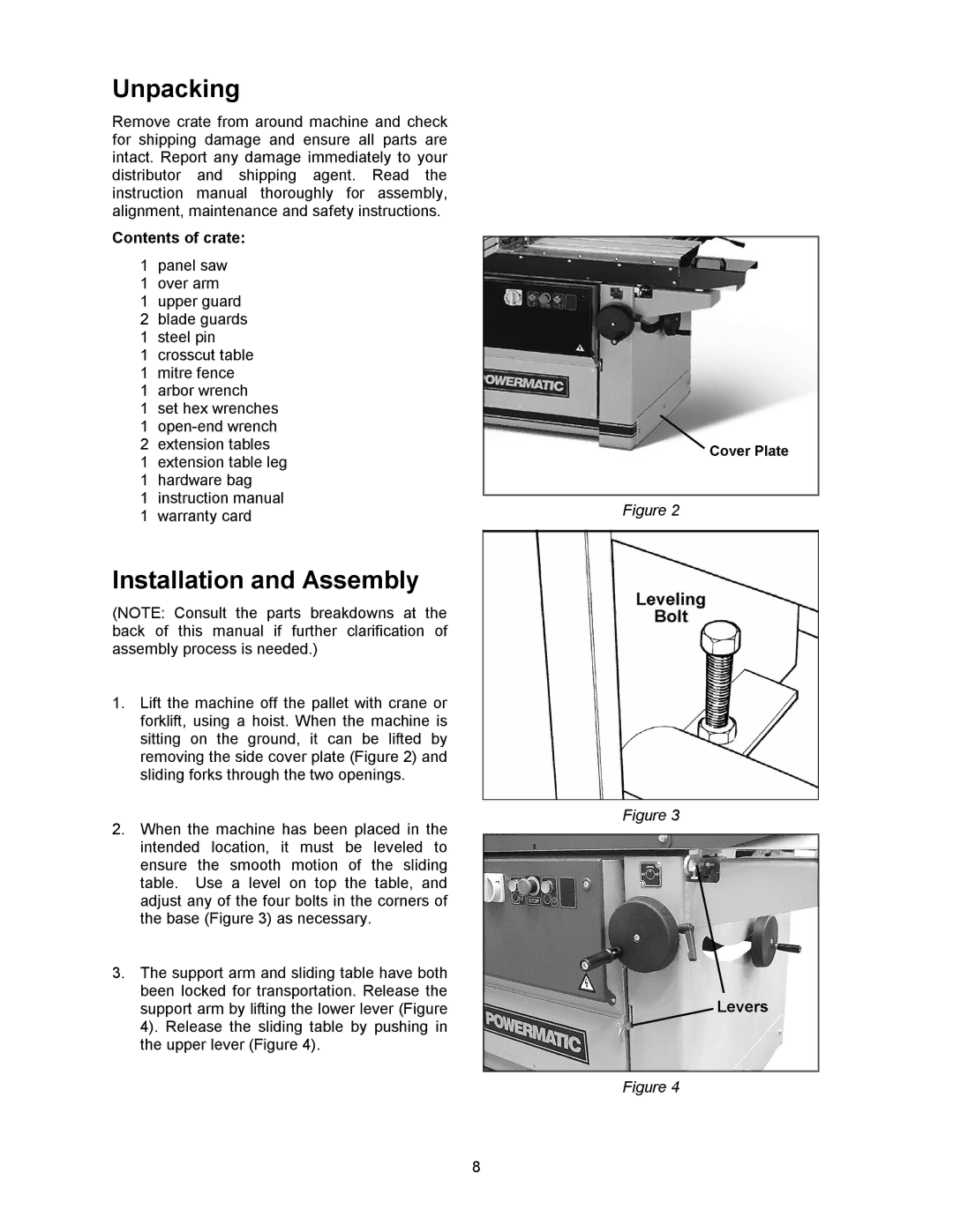 Powermatic HPS67 operating instructions Unpacking, Installation and Assembly, Contents of crate 