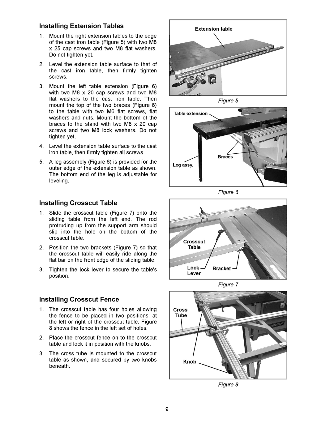 Powermatic HPS67 operating instructions Installing Extension Tables, Installing Crosscut Table, Installing Crosscut Fence 