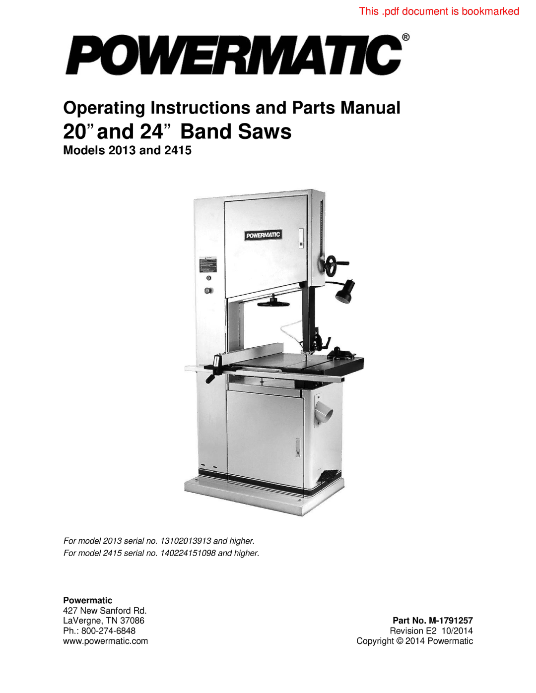 Powermatic M-1791257 operating instructions 20and 24 Band Saws 