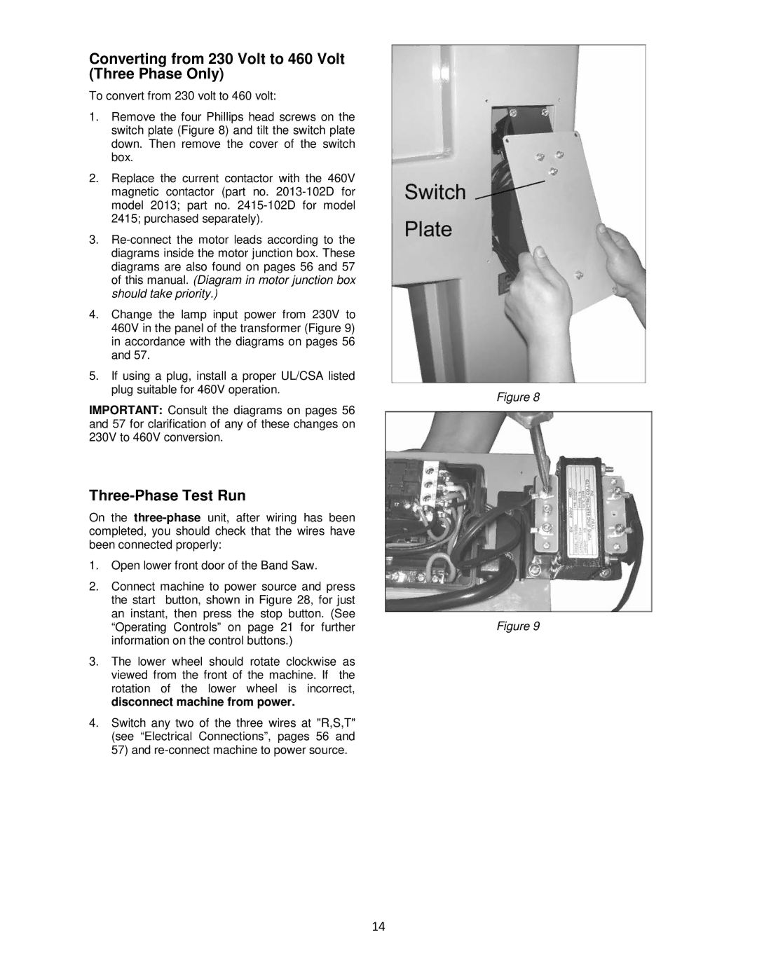 Powermatic M-1791257 operating instructions Converting from 230 Volt to 460 Volt Three Phase Only, Three-Phase Test Run 