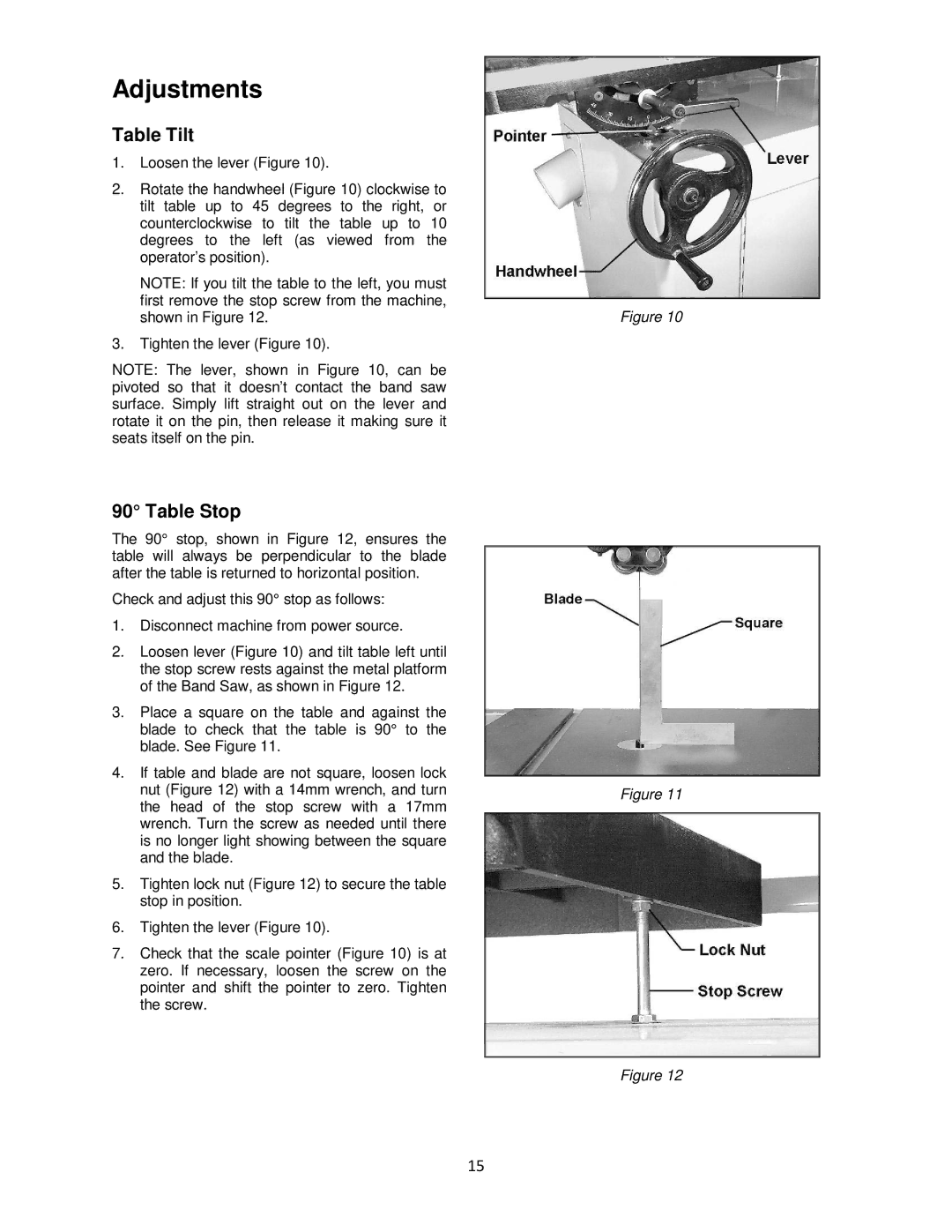 Powermatic M-1791257 operating instructions Adjustments, Table Tilt, Table Stop 