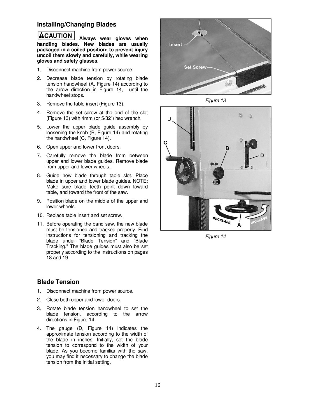 Powermatic M-1791257 operating instructions Installing/Changing Blades, Blade Tension 