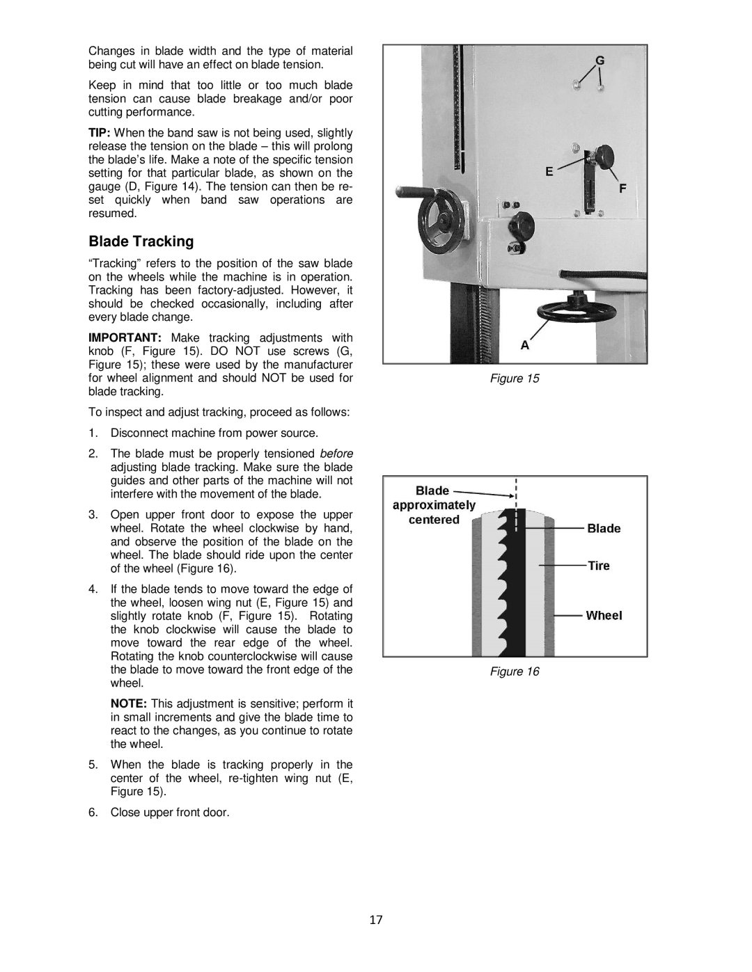 Powermatic M-1791257 operating instructions Blade Tracking 