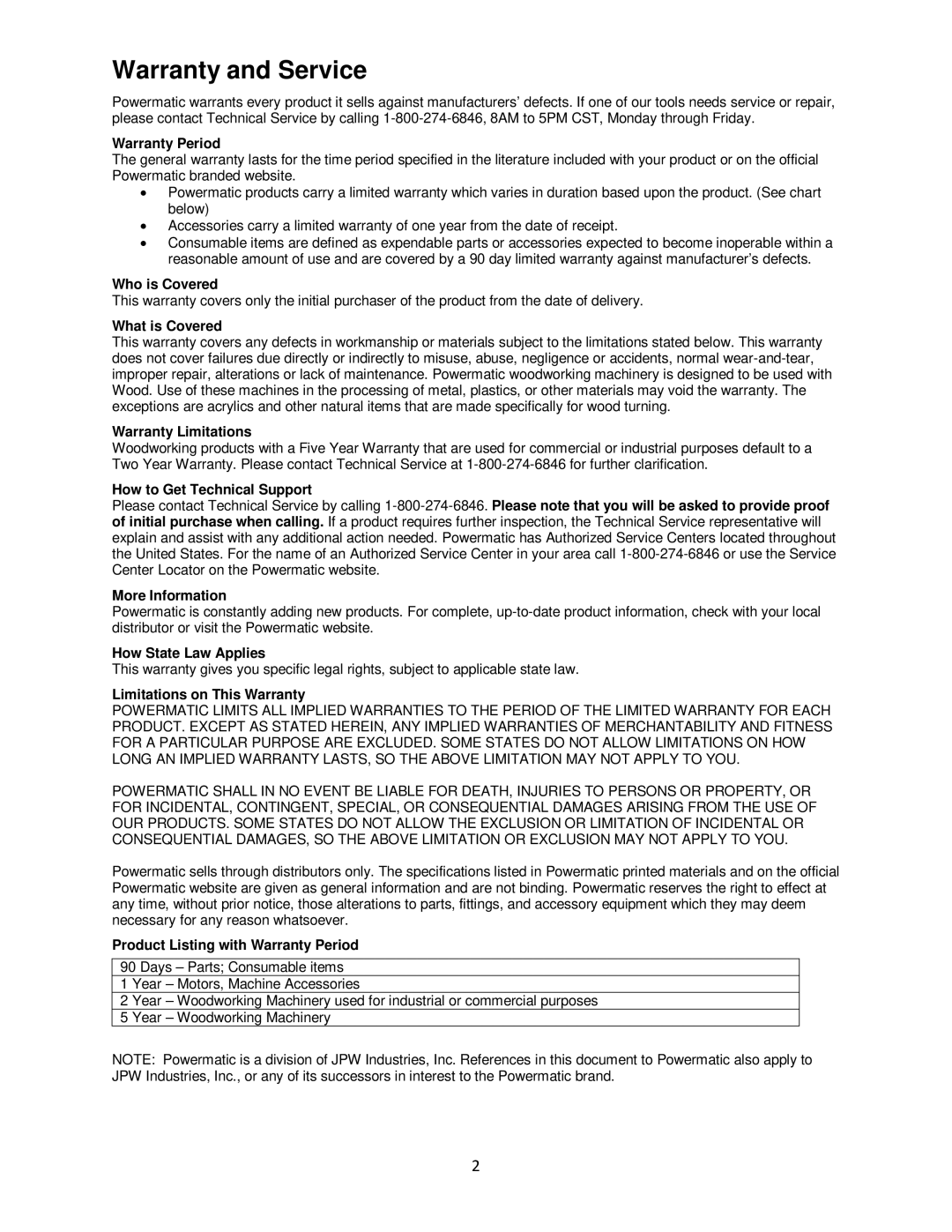 Powermatic M-1791257 operating instructions Warranty and Service, Warranty Period 