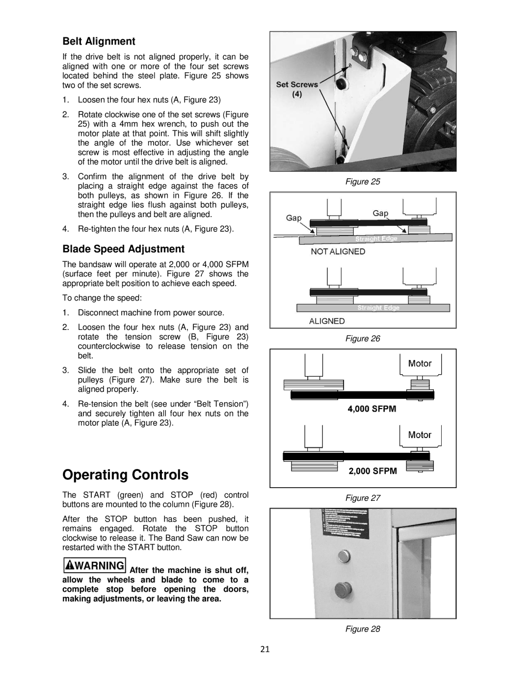 Powermatic M-1791257 operating instructions Operating Controls, Belt Alignment, Blade Speed Adjustment 