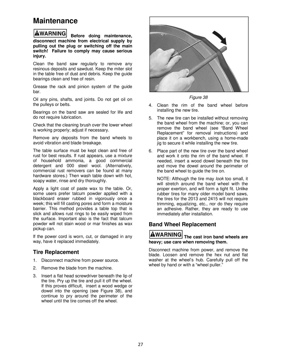 Powermatic M-1791257 operating instructions Maintenance, Tire Replacement, Band Wheel Replacement 