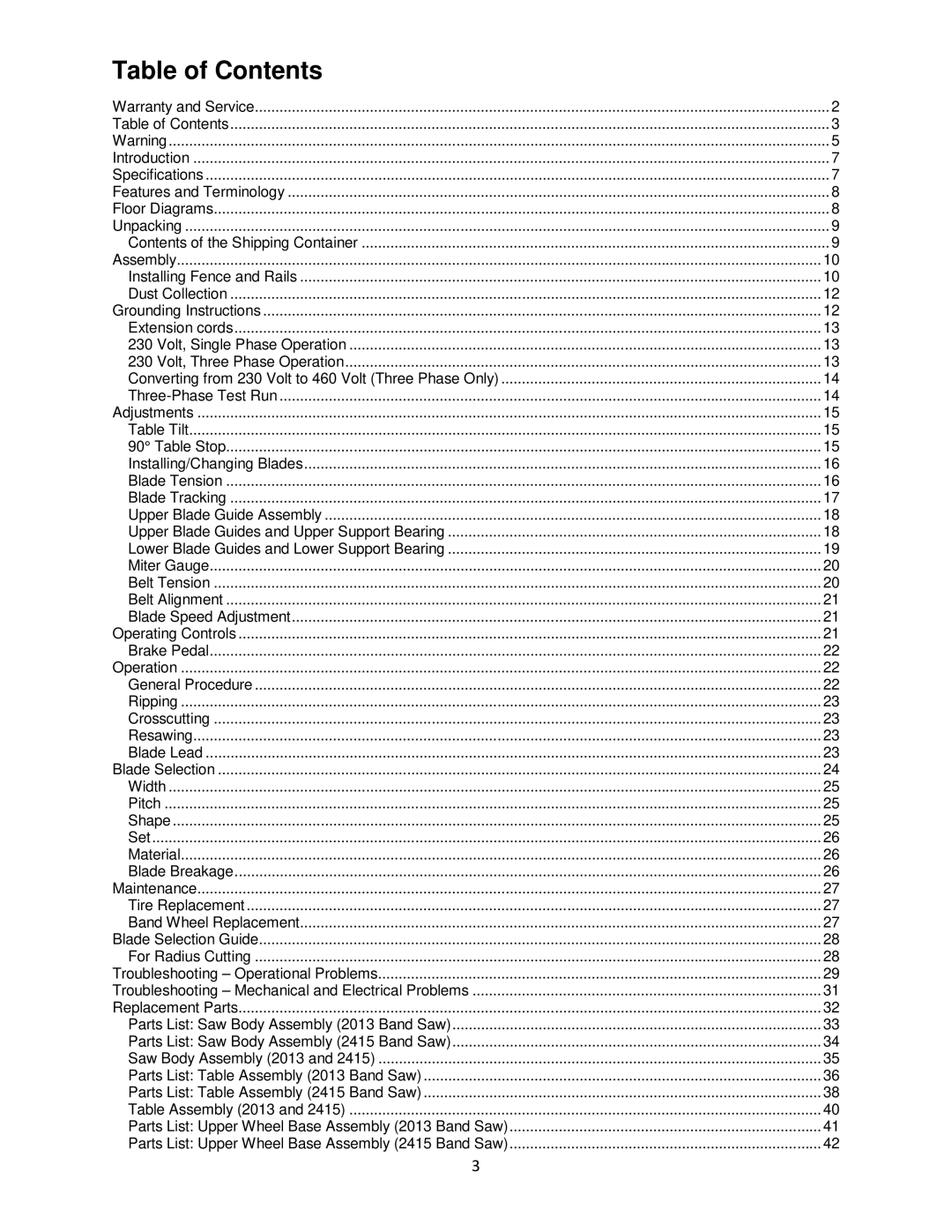 Powermatic M-1791257 operating instructions Table of Contents 