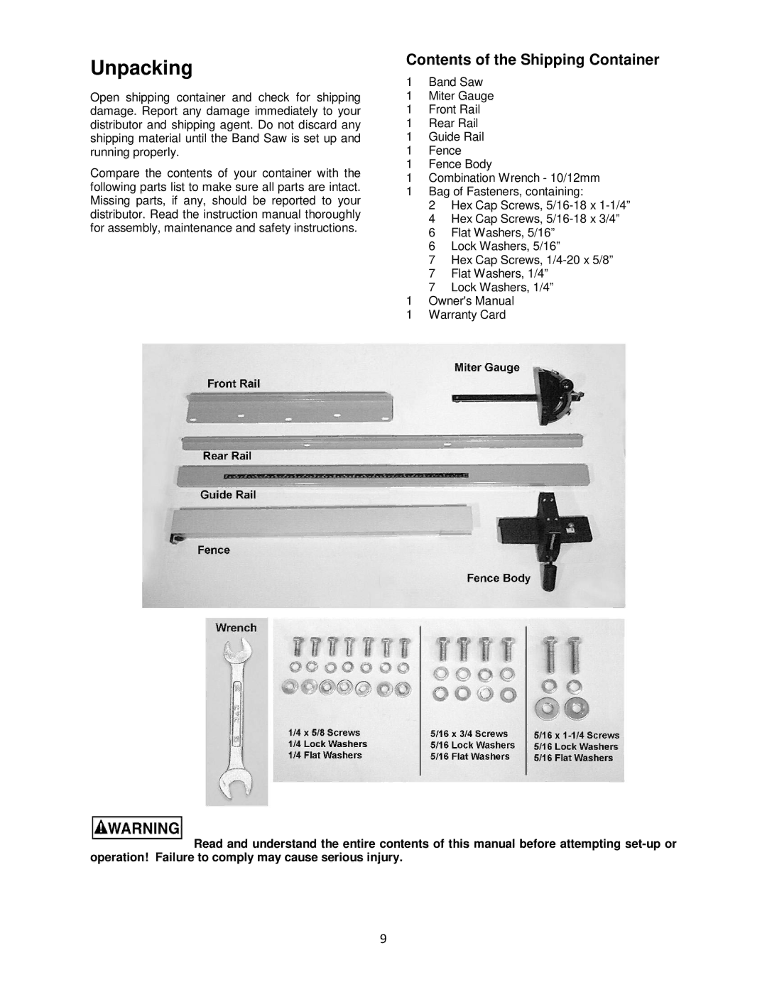 Powermatic M-1791257 operating instructions Unpacking, Contents of the Shipping Container 