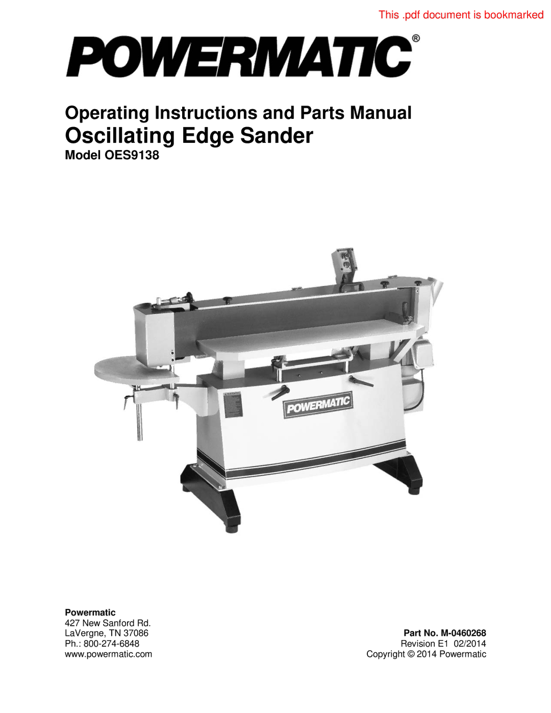 Powermatic OES9138 operating instructions Oscillating Edge Sander 