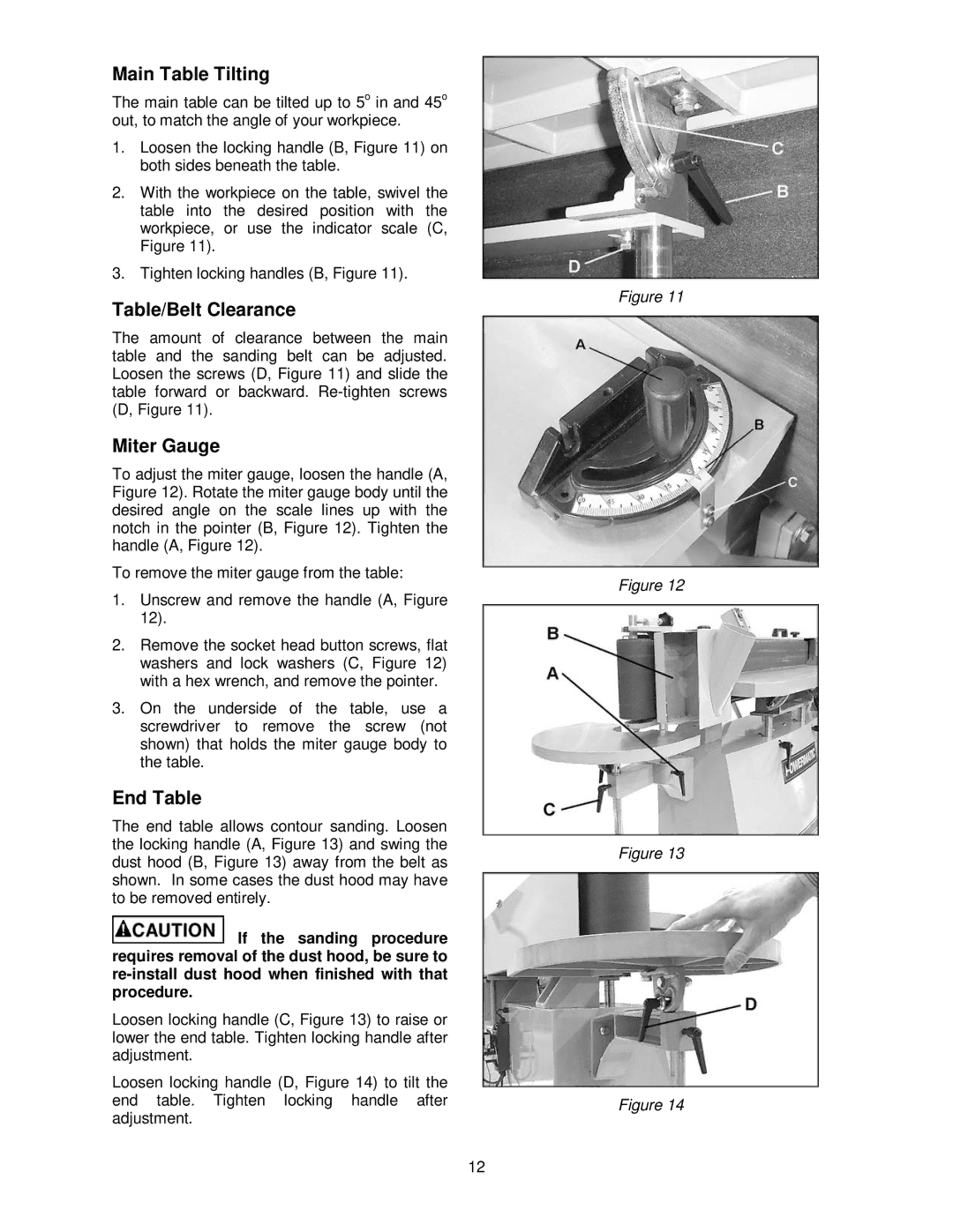 Powermatic OES9138 operating instructions Main Table Tilting, Table/Belt Clearance, Miter Gauge, End Table 