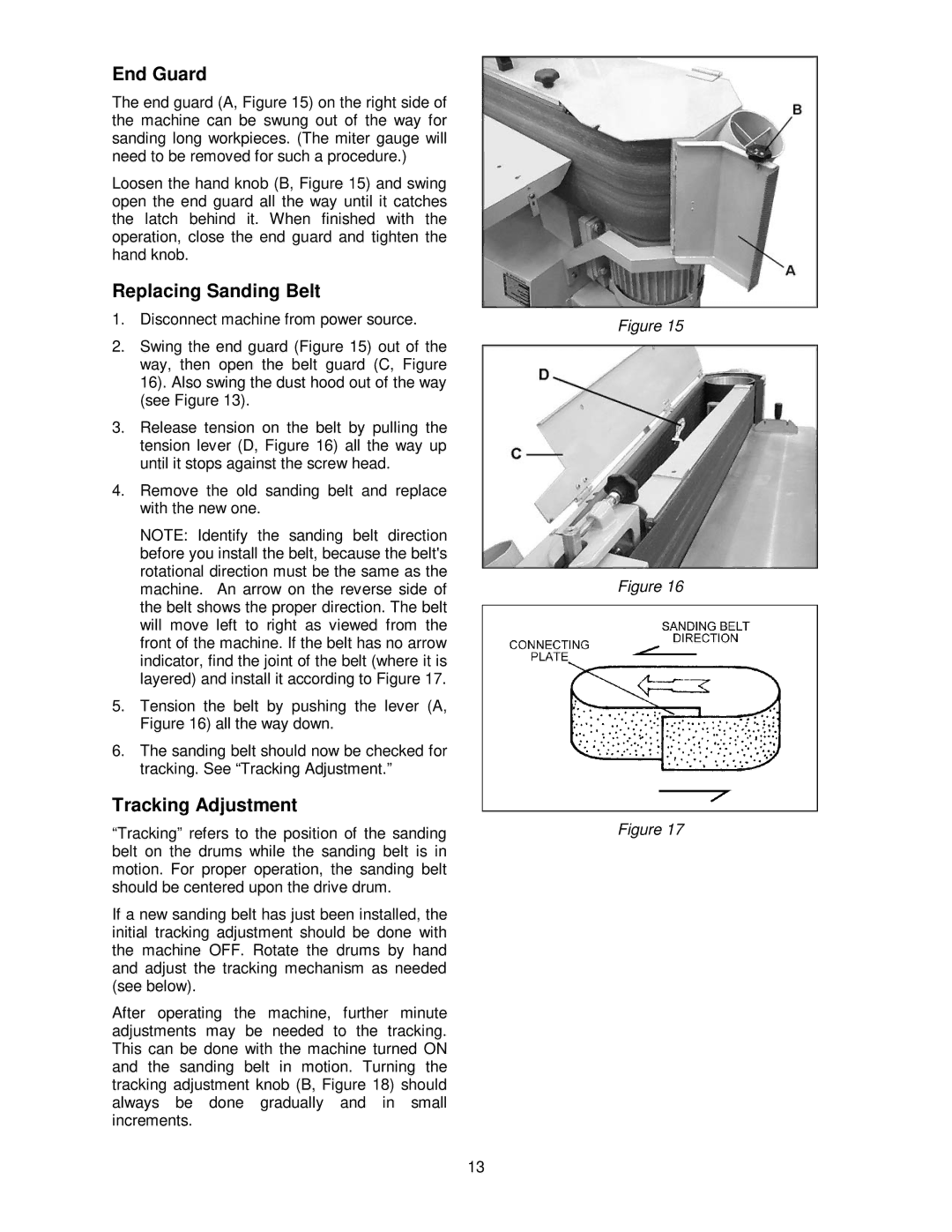 Powermatic OES9138 operating instructions End Guard, Replacing Sanding Belt, Tracking Adjustment 