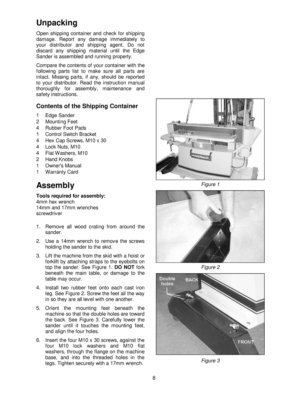 Powermatic OES9138 operating instructions Unpacking, Assembly, Contents of the Shipping Container 