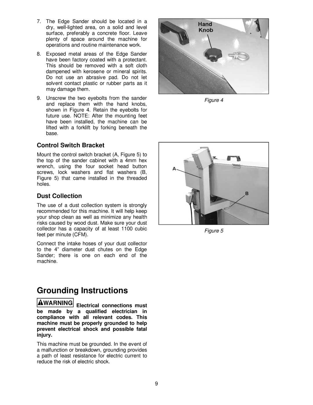 Powermatic OES9138 operating instructions Grounding Instructions, Control Switch Bracket, Dust Collection 