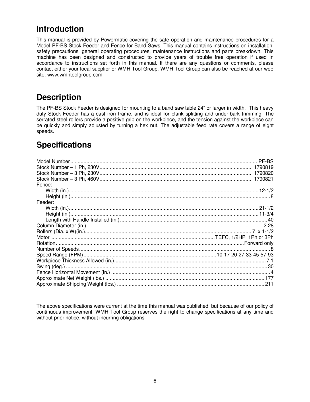 Powermatic PF-BS operating instructions Introduction Description, Specifications 