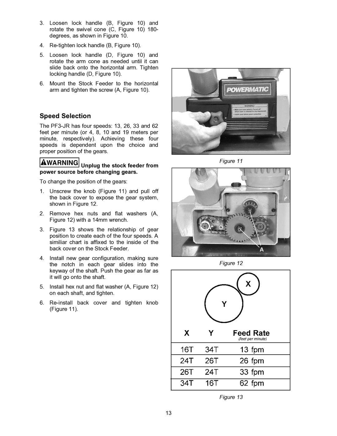 Powermatic PF3-JR operating instructions Speed Selection 