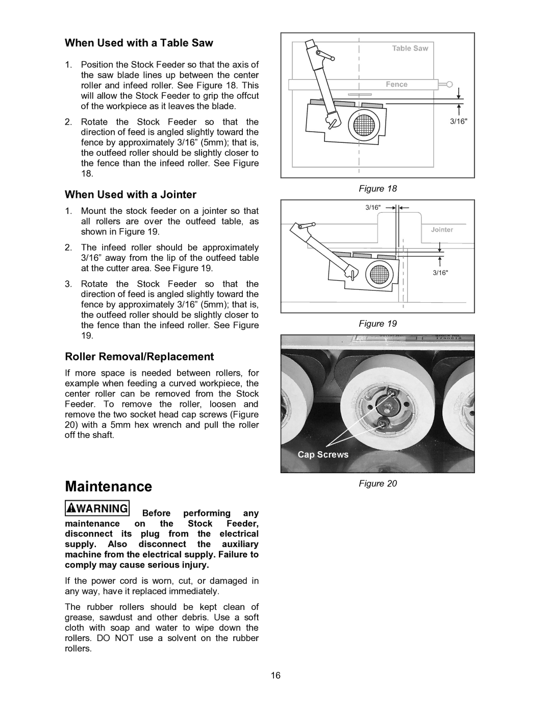 Powermatic PF3-JR Maintenance, When Used with a Table Saw, When Used with a Jointer, Roller Removal/Replacement 