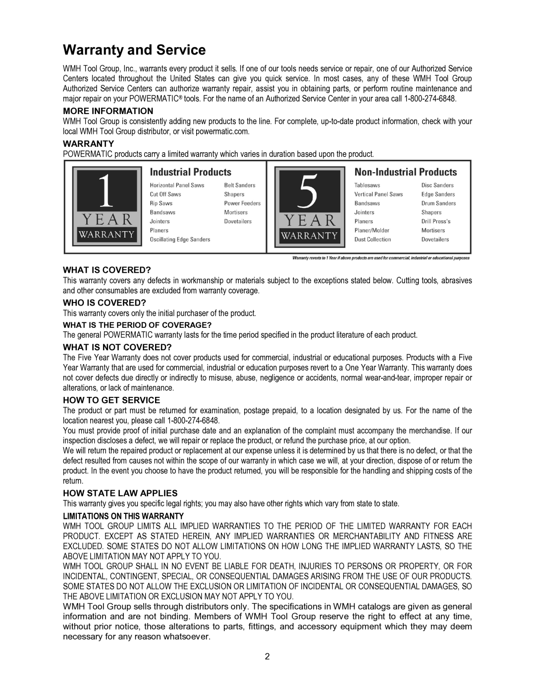 Powermatic PF3-JR operating instructions Warranty and Service, More Information 