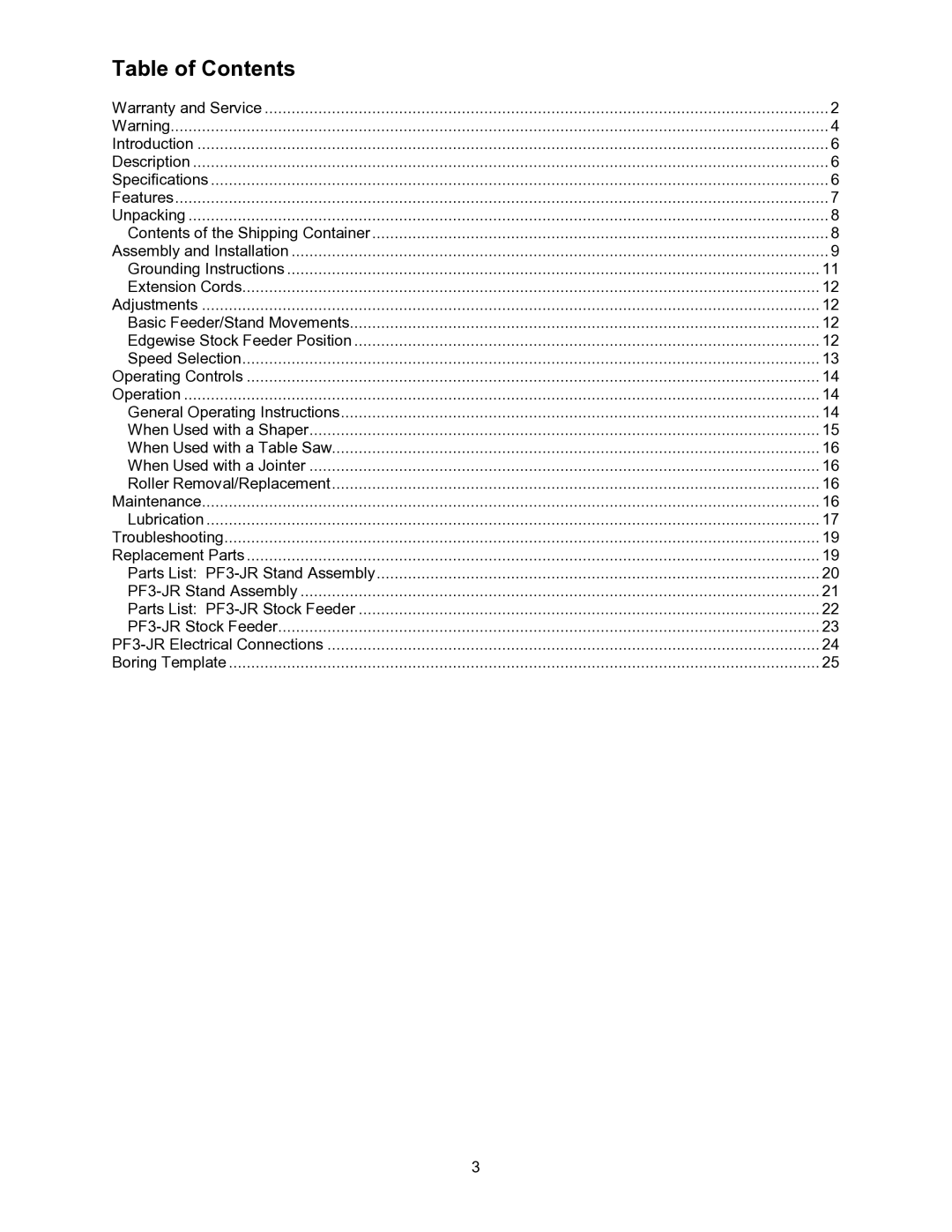 Powermatic PF3-JR operating instructions Table of Contents 