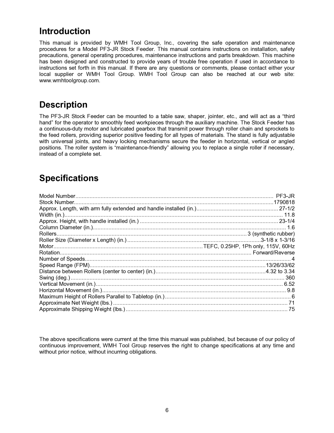 Powermatic PF3-JR operating instructions Introduction Description, Specifications 