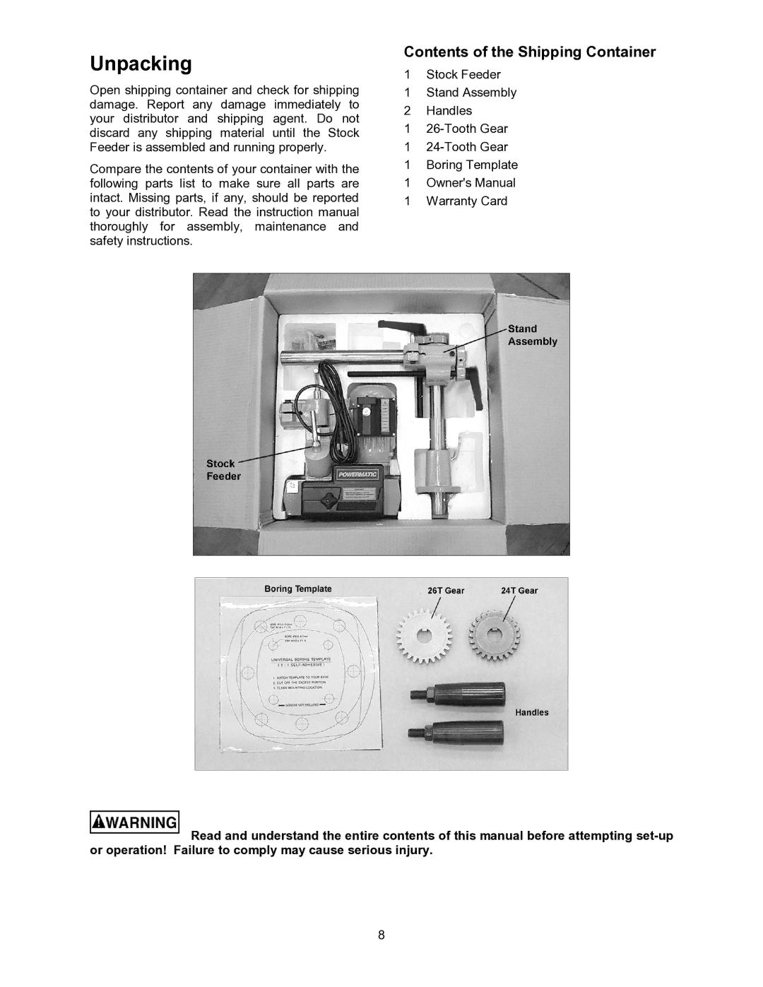 Powermatic PF3-JR operating instructions Unpacking, Contents of the Shipping Container 