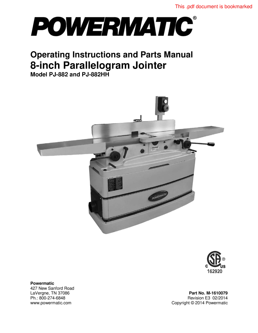 Powermatic PJ-882HH operating instructions Powermatic, Part No. M-1610079 