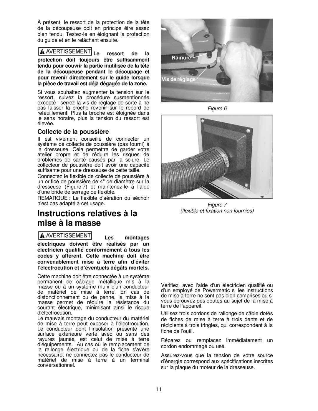 Powermatic PJ-882HH operating instructions Instructions relatives à la mise à la masse, Collecte de la poussière 