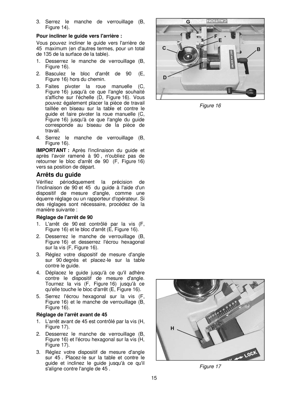 Powermatic PJ-882 Arrêts du guide, Pour incliner le guide vers larrière, Réglage de larrêt de, Réglage de larrêt avant de 