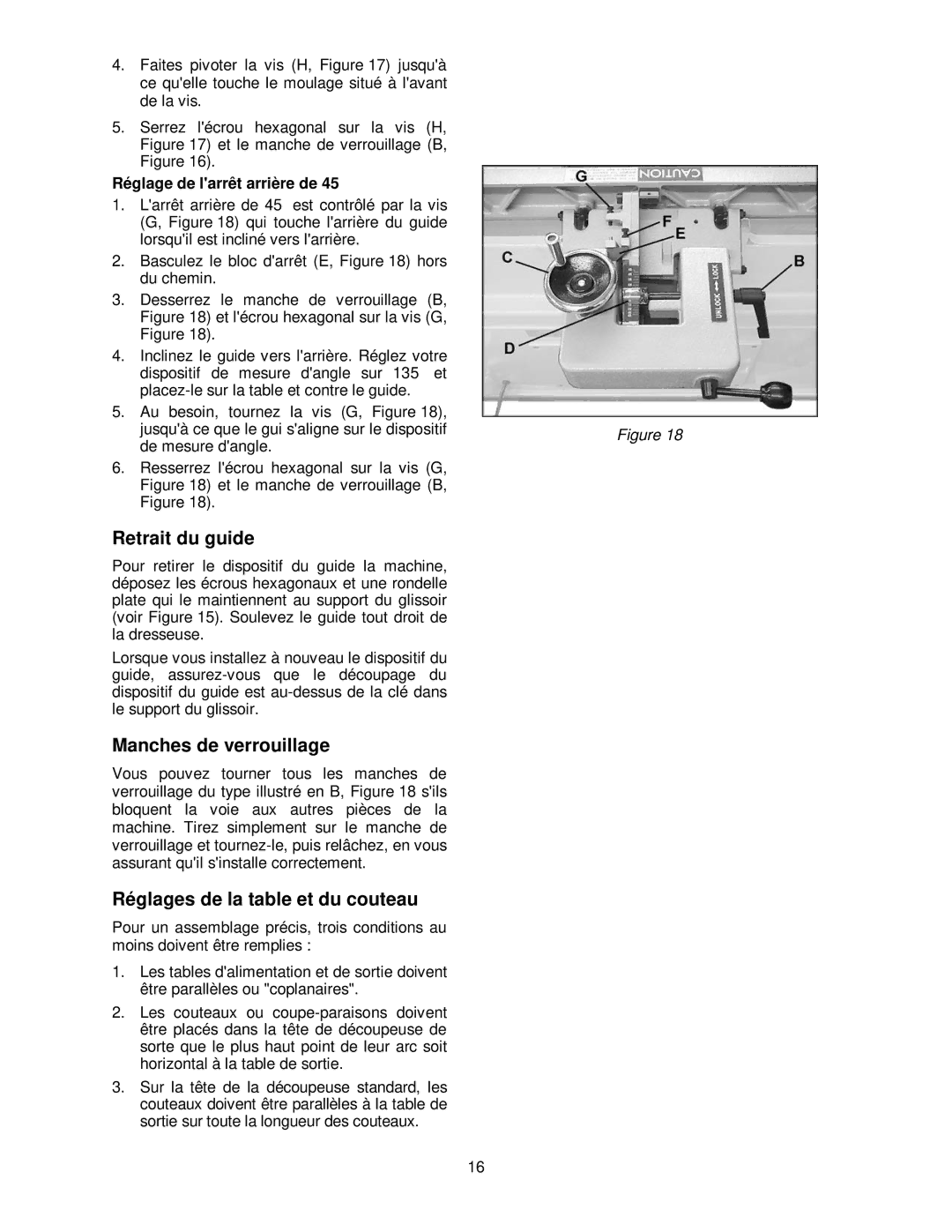 Powermatic PJ-882HH operating instructions Retrait du guide, Manches de verrouillage, Réglages de la table et du couteau 