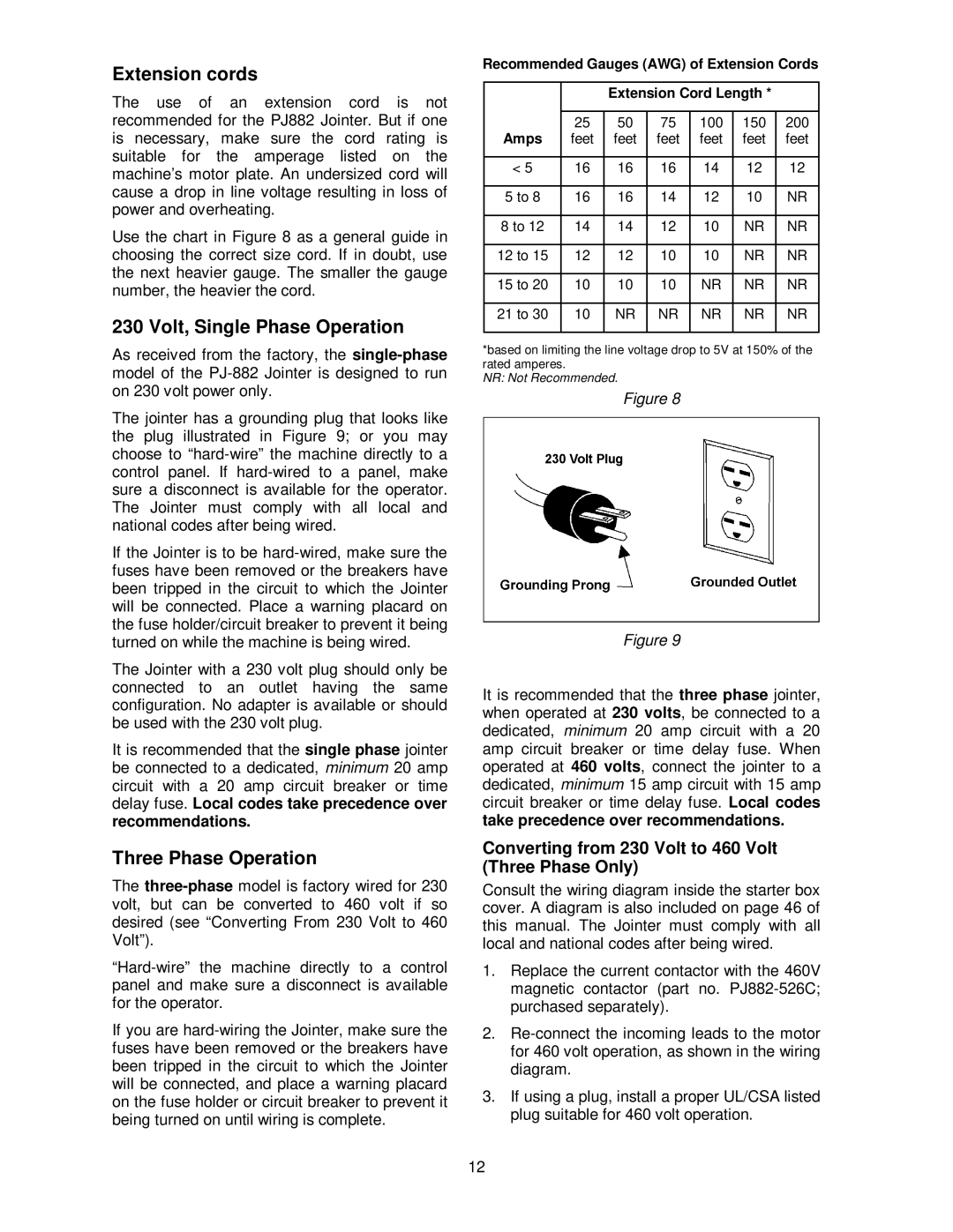 Powermatic PJ-882HH operating instructions Extension cords, Volt, Single Phase Operation, Three Phase Operation 