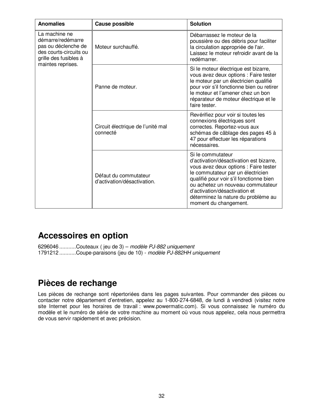 Powermatic PJ-882HH operating instructions Accessoires en option, Pièces de rechange 