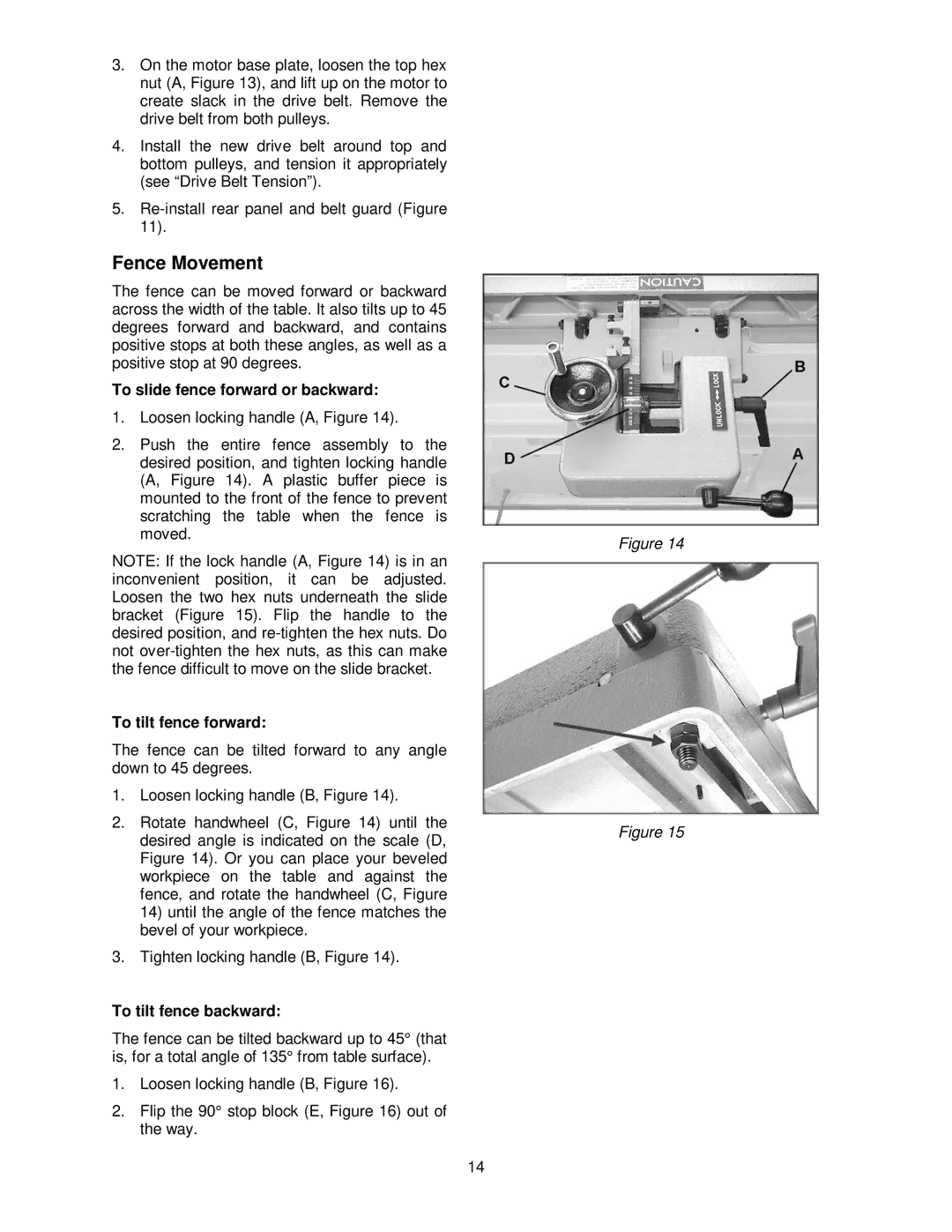 Powermatic PJ-882HH Fence Movement, To slide fence forward or backward, To tilt fence forward, To tilt fence backward 