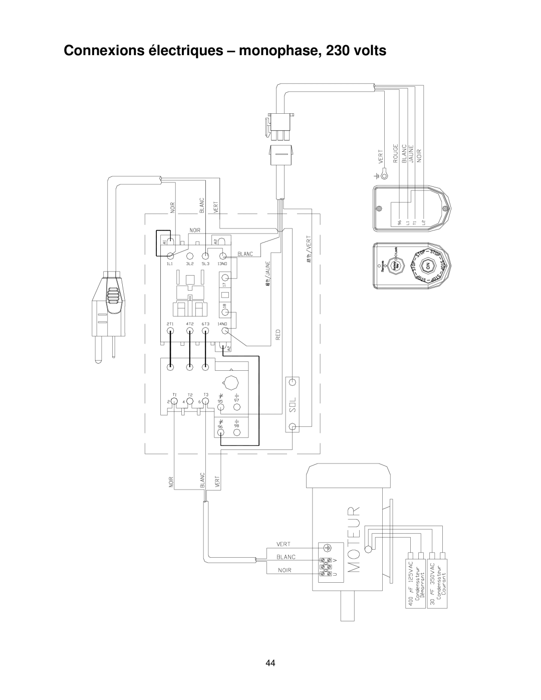 Powermatic PJ-882HH operating instructions Connexions électriques monophase, 230 volts 